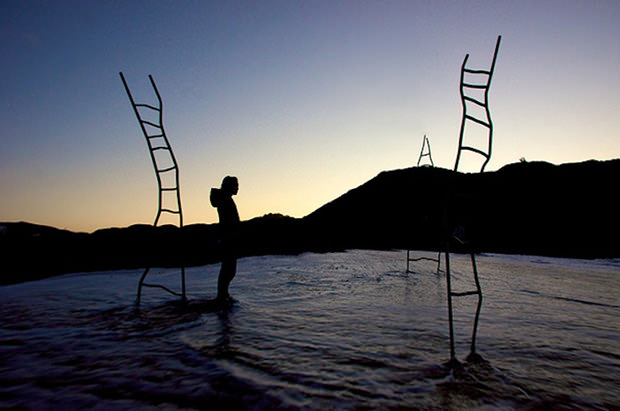 Surreal Photos of Twisty Ladders on a Misty Beach ladder3 mini