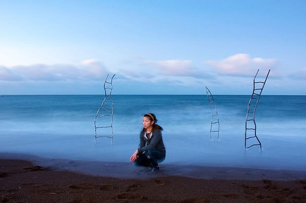 Surreal Photos of Twisty Ladders on a Misty Beach ladder5 mini