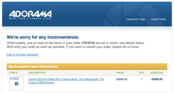 adorama Canon 6D Pre Order Page Makes Brief Appearance, Confirms Price and Specs adorama