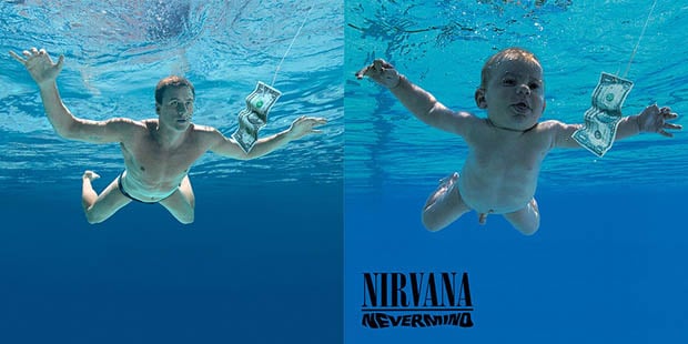 Famous Album Cover Photos Recreated with Famous Athletes ryan lochte nirvana nevermind side by side