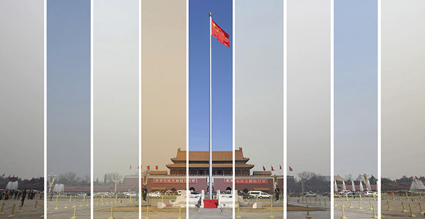 Combination picture shows the air pollution levels of the sky over Tiananmen Square during the National People's Congress in Beijing