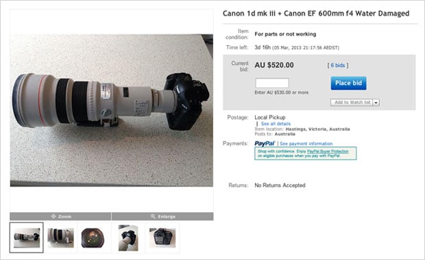 For Sale: A Canon 1D Mark III and 600mm f/4 That Took a Saltwater Bath For Sale: A Canon 1D Mark III and 600mm f/4 That Took a Saltwater Bath ebaycanon